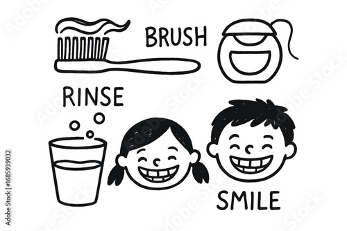 Children's Dental Doodle. Children’s dental hygiene doodle set: hand drawn icons for brushing, flossing, rinsing, and smiling
