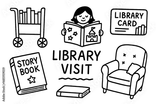 Kids Library Doodle. Kids library visit doodle set: hand drawn icons for book carts, storybooks, library cards, and cozy chairs,