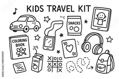 Kids Travel Kit Doodles. Kids travel kit doodle set: hand drawn icons for car activities, tablets, snacks, headphones, and game