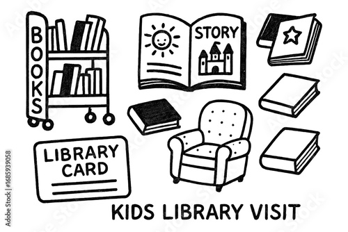 Kids Library Doodle. Kids library visit doodle set: hand drawn icons for book carts, storybooks, library cards, and cozy chairs,