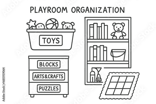 Playroom Organization Icons. Playroom organization doodle set: hand drawn icons for toy bins, bookshelves, labeled drawers, and