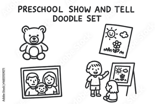 Show and Tell Doodles. Preschool show and tell doodle set: hand drawn icons for favorite toy, drawing, family photo, and