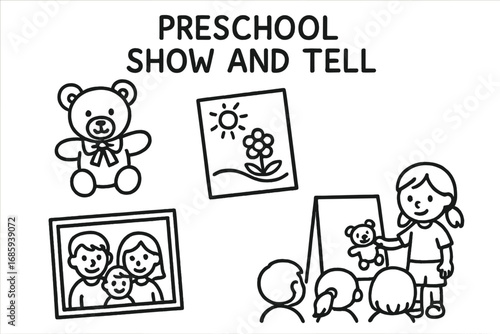 Show and Tell Doodles. Preschool show and tell doodle set: hand drawn icons for favorite toy, drawing, family photo, and