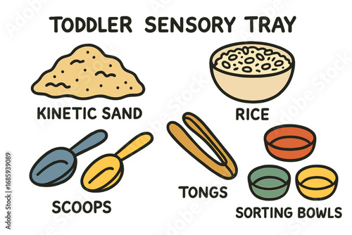 Toddler Sensory Tray. Toddler sensory tray doodle set: hand drawn icons for kinetic sand, rice, scoops, tongs, and sorting bowls,