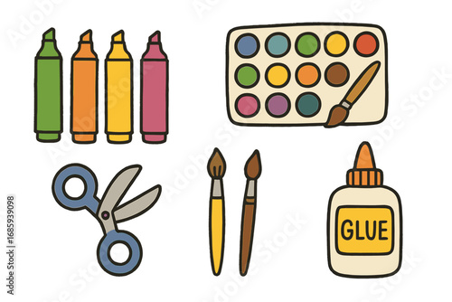 Children's Art Doodle Set. Children’s art supplies doodle set: hand drawn icons for markers, watercolors, scissors, paintbrushes,