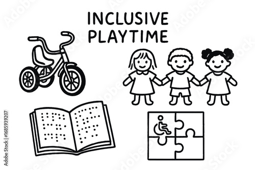 Inclusive Playtime Icons. Inclusive playtime doodle set: hand drawn icons for adapted trike, diverse dolls, Braille books, and