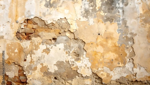 Close-up of weathered wall revealing aged bricks and peeling paint in earth tones