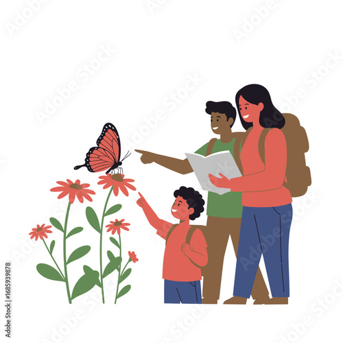 Inspiring Vector Illustration of Diverse Family Bonding Through Nature Discovery and Outdoor Education
