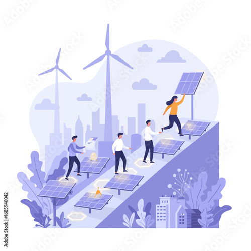 Vector Illustration: Empowering Sustainable Futures Through Collaborative Renewable Energy Progress
