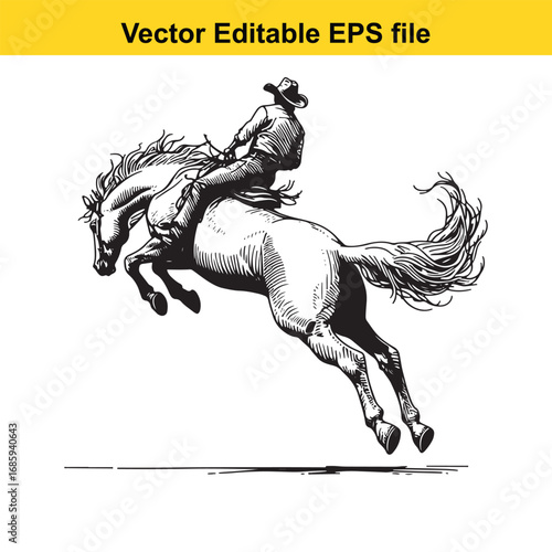 Cowboy riding a bucking horse isolated on white background