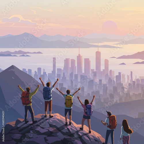 Collaborative Success Vector Illustration: Visionary Team Conquers Challenges, Reaching Peak Achievement with an Empowering View of Urban Future