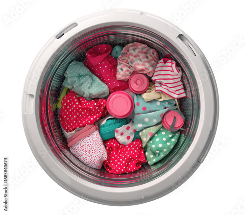 Top-down view of a washing machine drum filled with colorful children's clothes