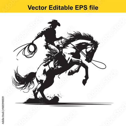 Silhouette of a cowboy on a bucking horse with a lasso, isolated on white background