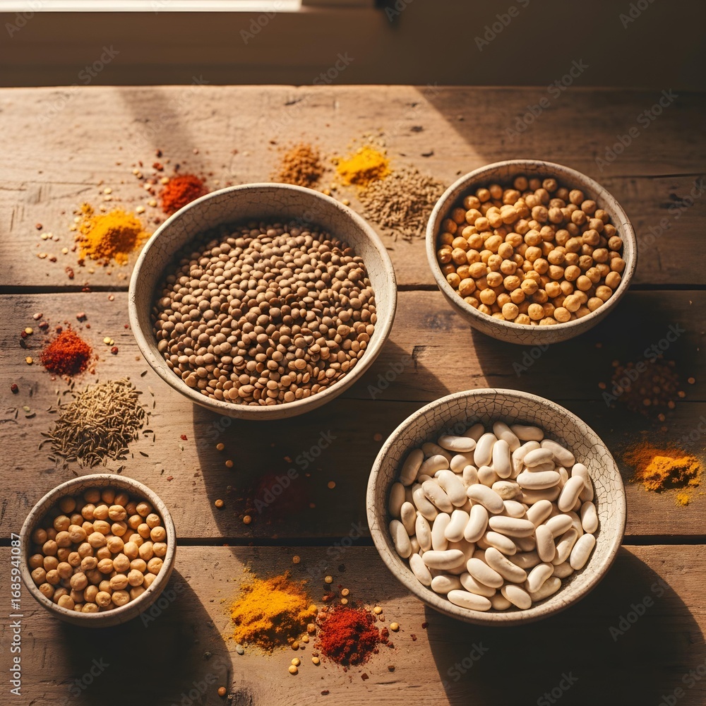 Obraz premium Rustic Table with Dried Legumes and Spices, Cinematic Still Life