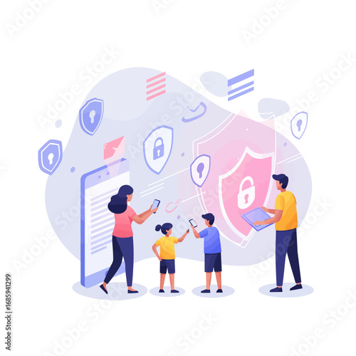 Secure Family Online Experience: Essential Digital Protection & Parental Control Vector Illustration
