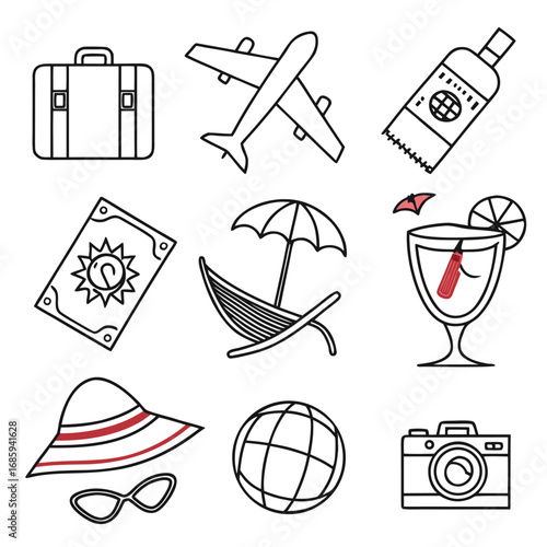 Doodle style travel icons including suitcase airplane sunscreen passport beach chair cocktail hat globe and camera