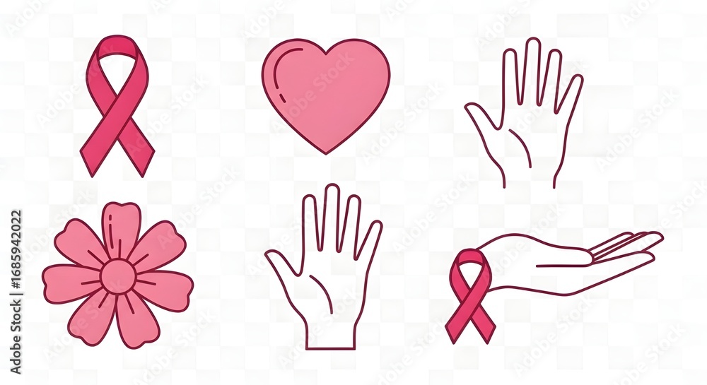 Fototapeta premium Pink symbols including ribbons heart flower and hands for breast cancer awareness on white background