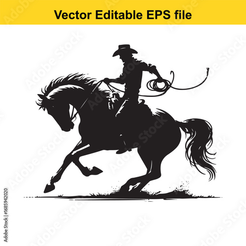 Silhouette of a cowboy riding a horse, isolated on white background