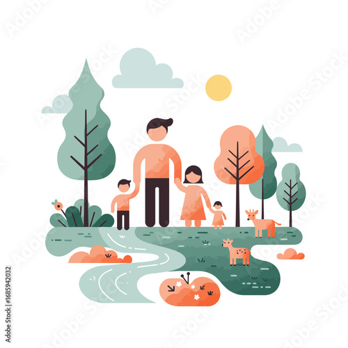 Nurturing Family Connection Vector Illustration: Parents and Children Enjoying a Serene Park Outing