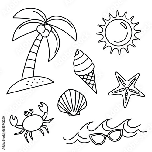 Hand drawn doodle illustrations of summer beach vacation elements including palm tree sun ice cream starfish and waves