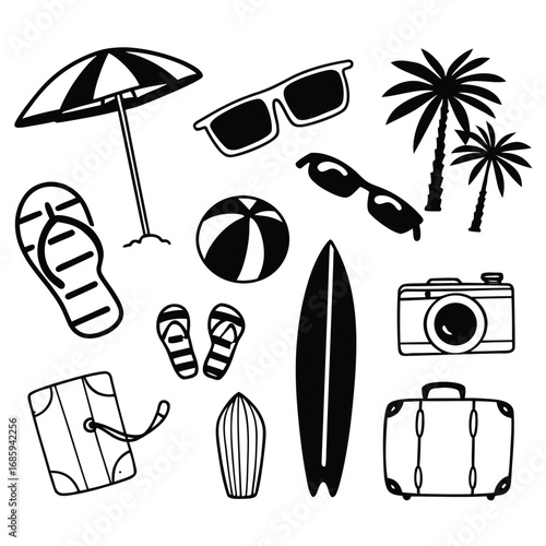 Collection of hand drawn summer vacation and beach travel icons and elements for design