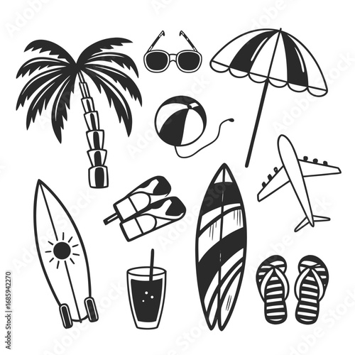 Hand drawn doodle collection of summer vacation beach and travel icons including palm tree surfboard and airplane