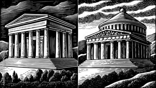 vintage engraved illustration set showcasing ancient Greek tholos and temple architecture, designed with detailed classical elements, ideal for historical artwork, cultural projects, educational mater
