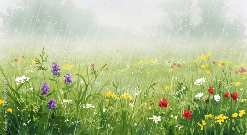 Green field painting with flowers and rain showcases watercolor texture. Ideal for digital design, branding, and nature backgrounds.