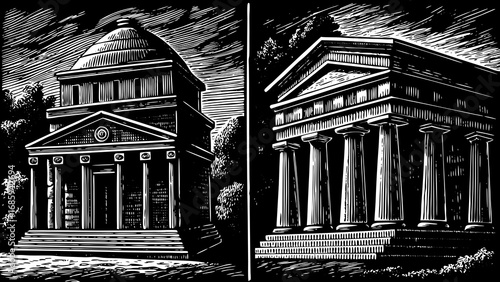 vintage engraved illustration set showcasing ancient Greek tholos and temple architecture, designed with detailed classical elements, ideal for historical artwork, cultural projects, educational mater