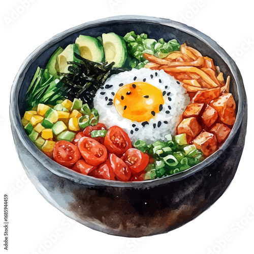 Bibimbap, watercolor drawing vector, isolated on a white background.