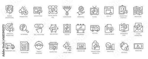 Advertising line icon set. Related to marketing, ads, advertisement. Editable stroke. Vector illustration.