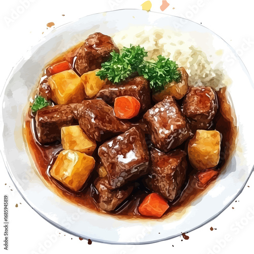watercolor of Beef Stew, vector, isolated on a white background.