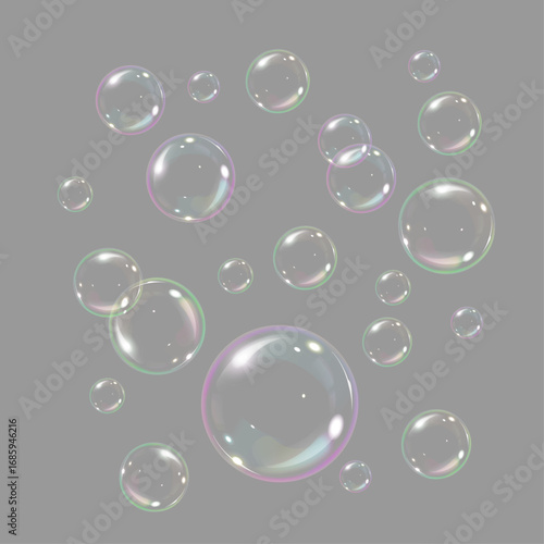 Soap bubble realistic 3d render set, multicolored shape, vector background
