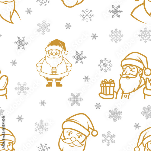 A seamless holiday pattern showcasing Santa Claus, Christmas trees, and delicate snowflakes. Ideal for use as a ribbon background or as a charming festive backdrop for various creative projects.