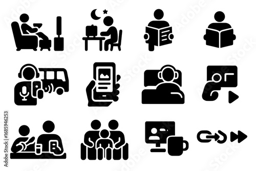 Media Consumption Icons. Solid style icons of media consumption habits: binge-watching icon, late-night TV, morning paper, podcast