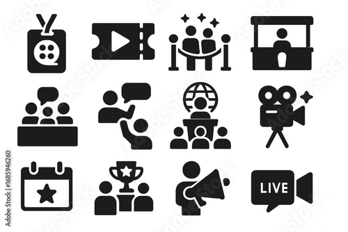 Media Event Icons. Solid style icons of media events and festivals: film festival badge, press preview ticket, red carpet event,