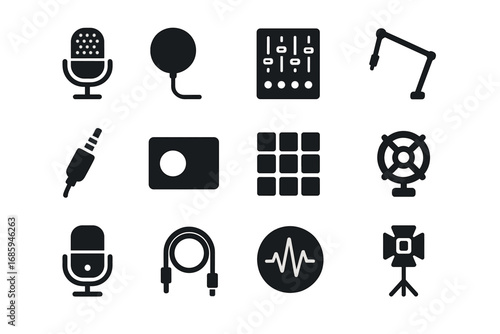 Radio Gear Icons. Solid style icons of radio accessories and gear: condenser mic, pop filter, audio mixer, boom arm stand,