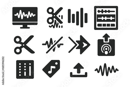Podcast Editing Icons. Solid style icons of podcast editing and production: waveform editor screen, audio cut icon, equalizer bars