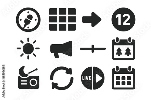Radio Scheduling Icons. Solid style icons of radio scheduling and structure: clock with mic icon, daily program grid, show