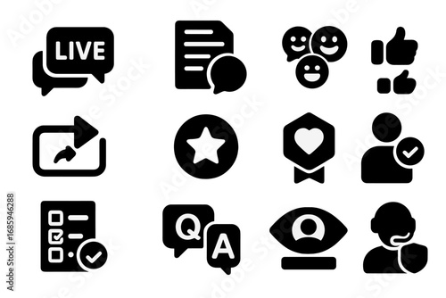 Stream Engagement Icons. Solid style icons of user engagement in streams: live chat bubbles, comment scroll, emoji reactions,