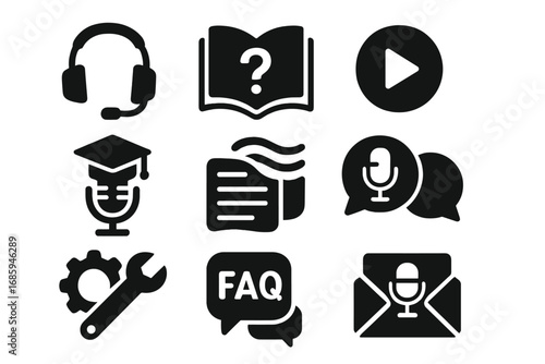 Podcast Support Icons. Solid style icons of podcast support and tools: tech support headset, help docs icon, tutorial video badge,
