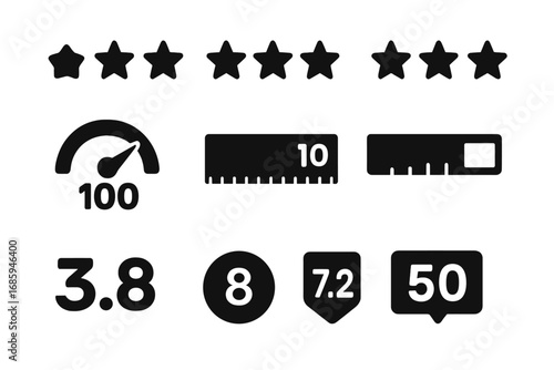 Solid Style Ratings Icons. Solid style icons of numeric ratings: 1/5 rating, 2/5 rating, 3/5 rating, 4/5 rating, 5/5 rating, 100