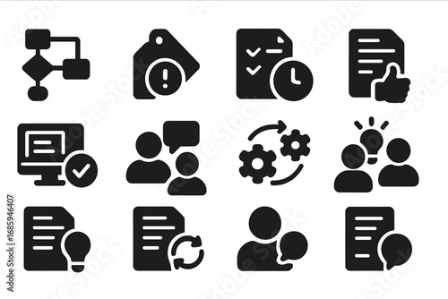 Internal Process Icons. Solid style icons of internal process feedback: workflow review, bottleneck tag, approval delay note,