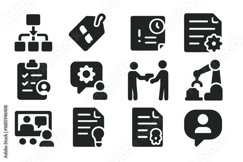 Internal Process Icons. Solid style icons of internal process feedback: workflow review, bottleneck tag, approval delay note,