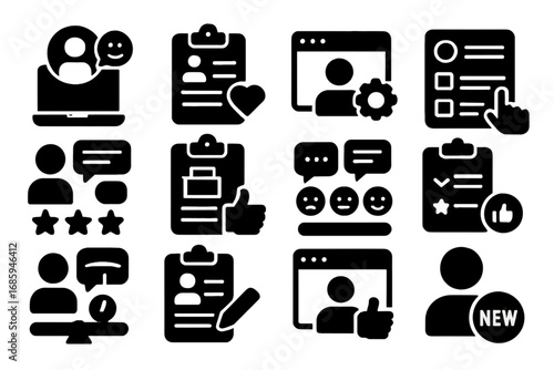 User Onboarding Icons. Solid style icons of user onboarding surveys: welcome feedback, setup experience, ease-of-use form,