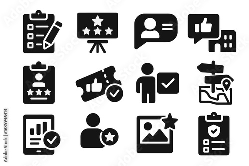 Event Survey Icons. Solid style icons of event surveys: post-event form, session rating, speaker feedback, venue comment,