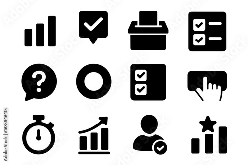Poll Icons Collection. Solid style icons of general polls: poll chart, vote checkmark, ballot icon, answer options, poll question