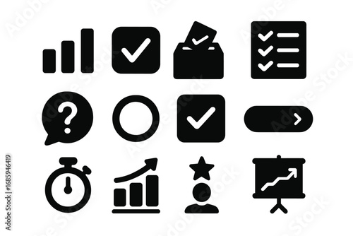 Poll Icons Collection. Solid style icons of general polls: poll chart, vote checkmark, ballot icon, answer options, poll question