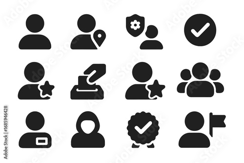 Poll User Icons. Solid style icons of user types in polls: regular voter icon, guest participant, admin poll badge, verified vote