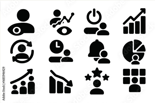 User Statistics Icons. Solid style icons of user statistics: profile views, user activity graph, login frequency, account growth
